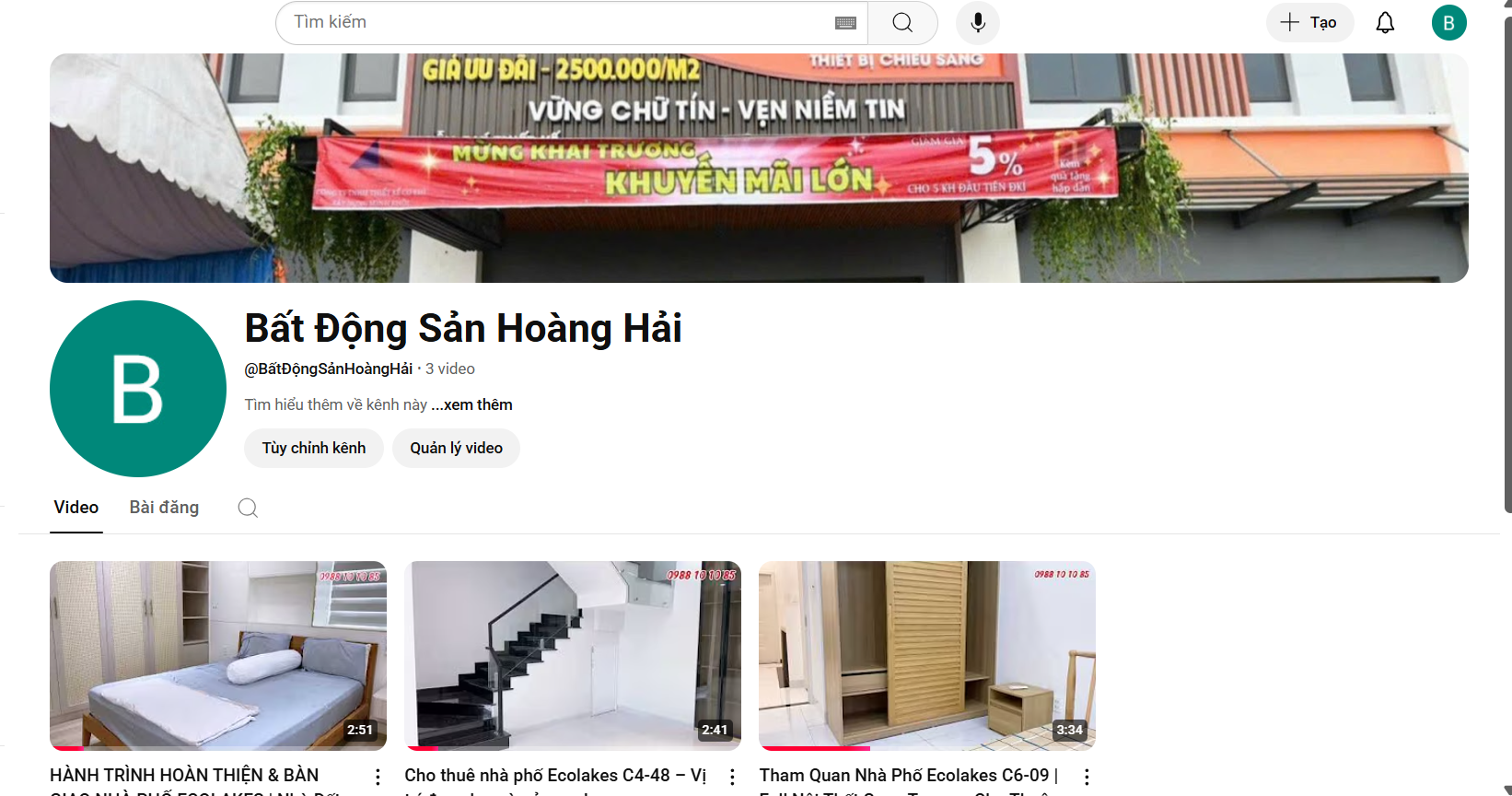 Kênh Youtube của bất động sản Hoàng Hải